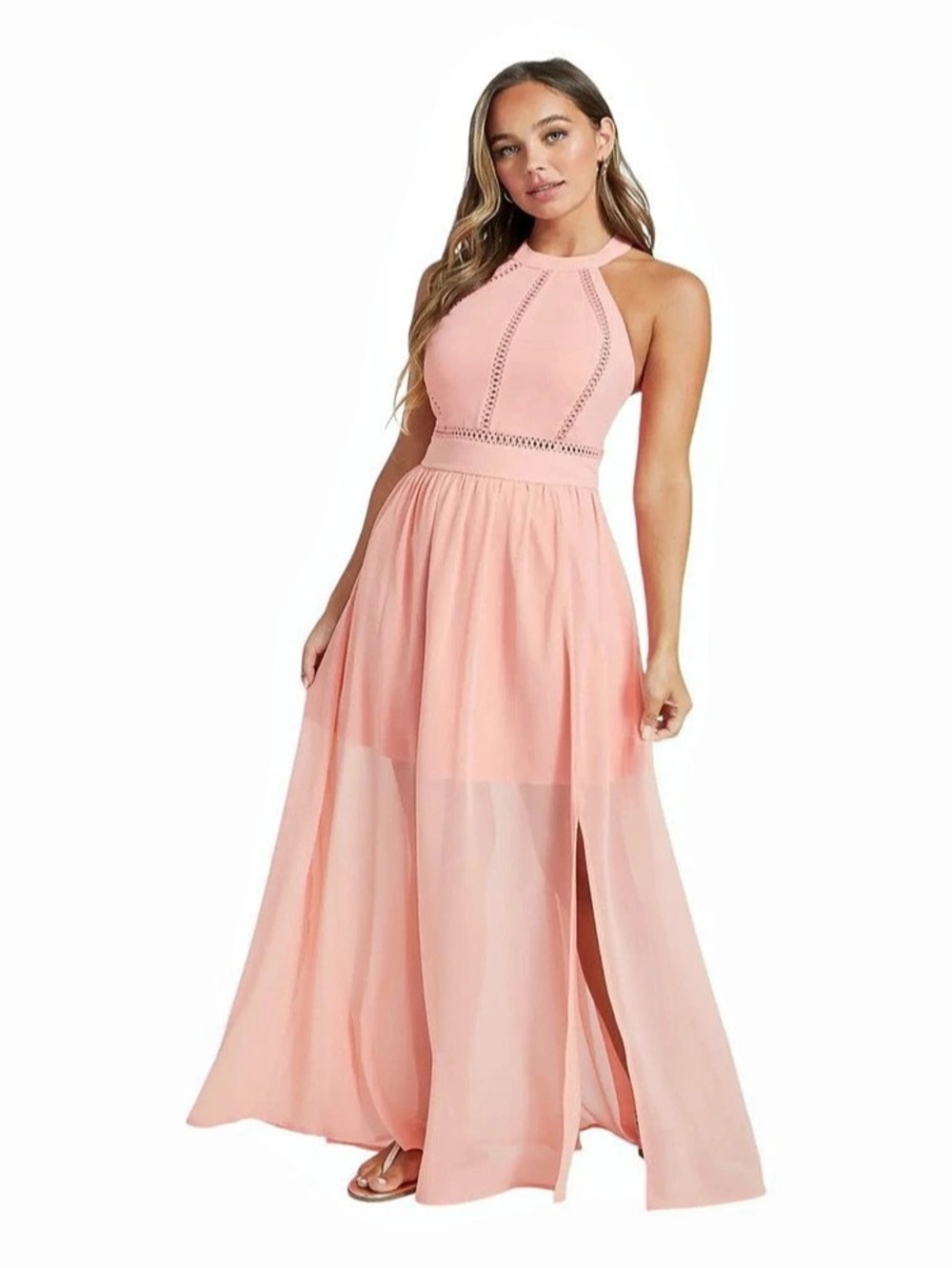 New GUESS Goddiva Halterneck Thigh Split Chiffon Maxi Dress Pink SZ M